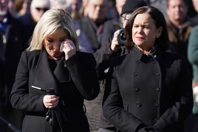 Sinn Fein vice president Michelle O'Neill (left) and Sinn Fein Party leader Mary Lou McDonald attend the funeral of former Sinn Fein general secretary Rita O'Hare at Glasnevin Cemetery, Dublin
