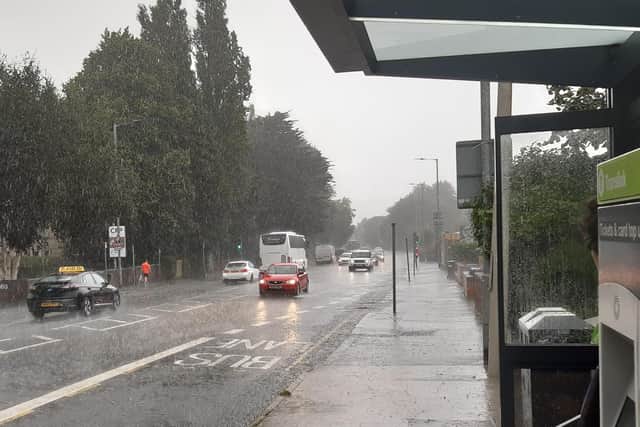 Heavy rain on the Newtownards Road at the junction of North Road in east Belfast at 2.20pm on Sunday August 6 2023