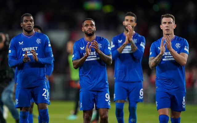 Left to right, Rangers' Dujon Sterling, Danilo, Connor Goldson and Ryan Jack appear dejected after losing their Champions League play-off second leg match against PSV Eindhoven