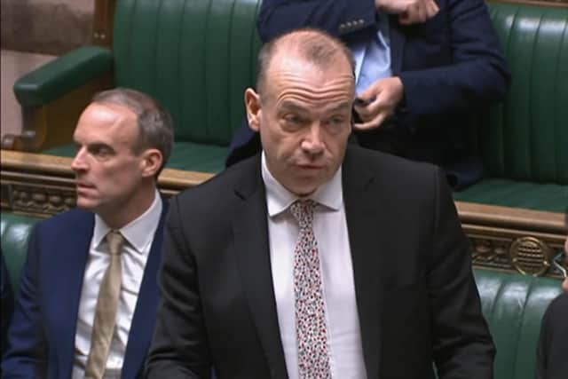 Chris Heaton-Harris in the Commons last month; his speech at QUB today has been sharply criticised