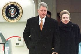 Then President Clinton and his wife Hillary arrive at Belfast International Airport to begin their visit to Northern Ireland in 1995