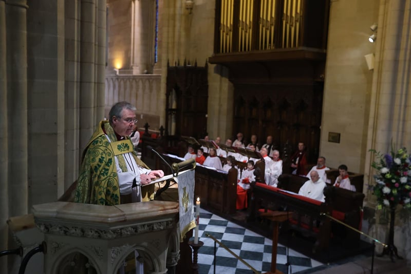 Archbishop of Armagh, the Most Revd John McDowell, during a Service of Thanksgiving in preparation for the Coronation of King Charles III at St Patrick's Cathedral, Armagh.