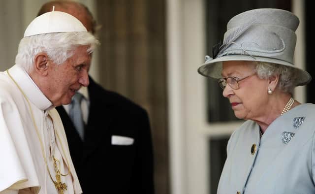 Queen Elizabeth II with Pope Benedict XVI at the Palace of Holyroodhouse in Edinburgh
