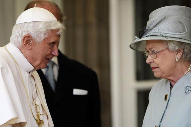 Queen Elizabeth II with Pope Benedict XVI at the Palace of Holyroodhouse in Edinburgh