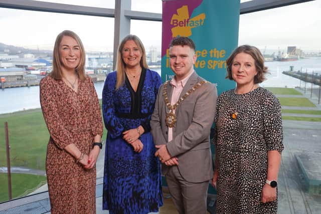 Lord Mayor of Belfast, councillor Ryan Murphy with Eimear Callaghan, Tourism NI, Judith Owens, Titanic Belfast and MaryJo McCanny, Visit Belfast at the launch of the ‘Embrace the Inclusive Spirit’ initiative to support Belfast’s growing tourism sector