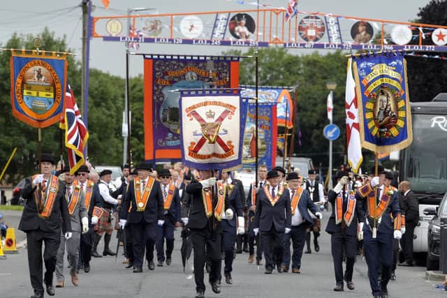 The head of the Loughbrickland parade makes its way to the field on the Twelfth 2023.
Photo: Paul Byrne Photography