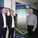 (from left) Irish FA Chief Operating Officer Graham Fitzgerald, Irish FA Anti-Doping and Integrity Education Officer Chris Wright and Steven Mills, the NI Football League’s Chief Operating Officer, at the information event