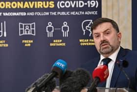 Health Minister Robin Swann during a Covid-19 press conference in February 2021.  Pic: Colm Lenaghan/Pacemaker
