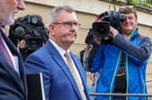Former DUP leader Jeffrey Donaldson under media scrutiny outside Newry court house during his trial in June. (Photo by Paul Faith / AFP via Getty Images)