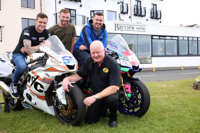Neil Kernohan (right) with fellow racers Adam McLean and Paul Jordan, and Clerk of the Course William Munnis at the launch of the Armoy Road Races