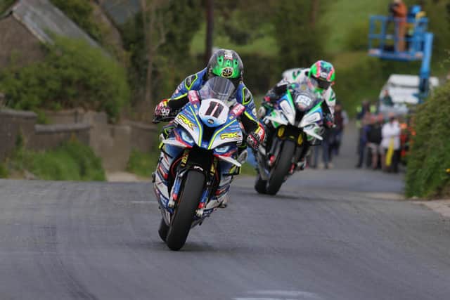 Dominic Herbertson (Burrows Engineering/RK Racing BMW) leads Michael Sweeney (MJR BMW) at the Cookstown 100