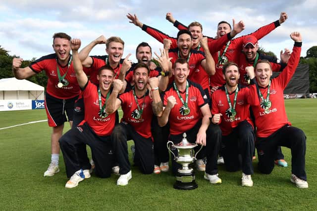 Waringstown celebrate winning the 2018 Irish Senior Cup Final against Merrion