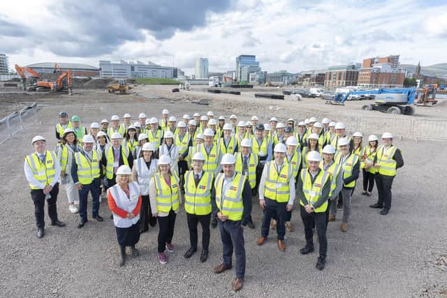 Watkin Jones, the UK's leading developer and manager of residential for rent homes, in partnership with Northern Ireland firms Lacuna Developments, and contractor, Graham has commenced work on the first Build to Rent (‘BTR’) scheme in Northern Ireland, at The Loft Lines Titanic Quarter in Belfast. Pictured are  the entire team at the breaking ground ceremony