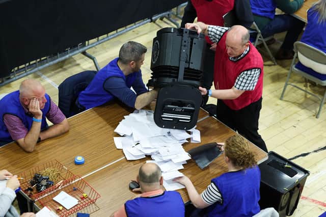 Ballot boxes being opened at the recent election count in Banbridge. Across Northern Ireland, the nationalist vote was decisively ahead. Stormont will come back with an emboldened republican/nationalist/Alliance majority