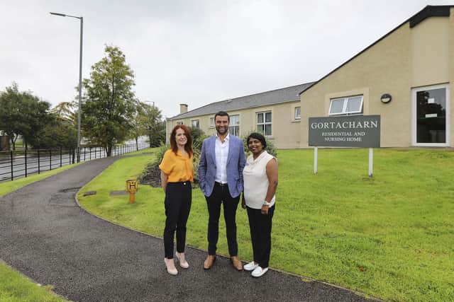 Gortacharn Residential and Nursing Home, located on Nutfield Road, Lisnaskea, has been acquired by Northern Ireland based Dunluce Healthcare. Pictured are  Annette Martin, regional manager, Ryan Smith, chief executive and Beena Joseph, home manager