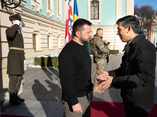 PABest

Prime Minister Rishi Sunak is welcomed by President Volodymyr Zelensky (left) on Friday to the Presidential Palace in Kyiv, Ukraine, to announce £2.5 billion in military aid to the country over the coming year. Photo: Stefan Rousseau/PA Wire