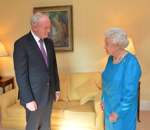 The then deputy First Minister of Northern Ireland Martin McGuinness meets the Queen at Hillsborough Castle on June 23, 2014. What prospects were there of Mr McGuinness becoming deputy first minister and then being arrested and tried for the many terrorist crimes for which he was obviously culpable? (Photo by Aaron McCracken/Harrison Photography via Getty Images)