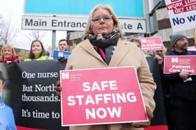 Pictured is RCN director Pat Cullen at the Belfast City Hospital in Belfast as part of strike action in the health service in 2019