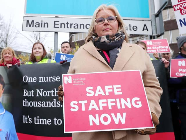Pictured is RCN director Pat Cullen at the Belfast City Hospital in Belfast as part of strike action in the health service in 2019