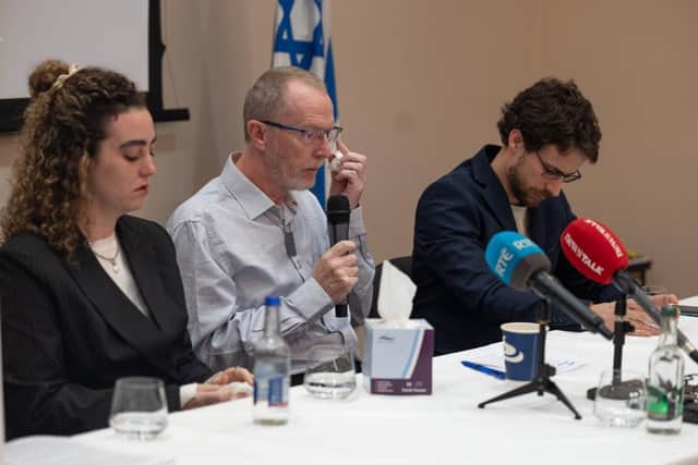 Families of hostages feared taken in Gaza (left to right) Natali Hand, Thomas Hand and Eylon Keshe during a press conference at the Embassy of Israel in Dublin. 
Picture: PA, Monday November 13, 2023.