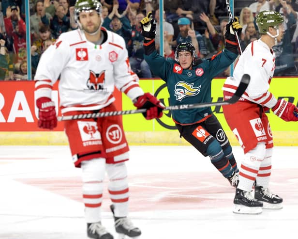 Belfast Giants’ Daniel Tedesco celebrates scoring against HC Bolzano during a CHL game at The SSE Arena, Belfast.   Photo by William Cherry/Presseye