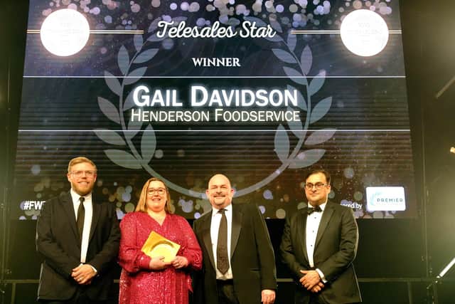 FWD Gold Medal awards host Rob Beckett is pictured with Henderson Foodservice customer service manager, Gail Davidson who won the Telesales Star award on the night. Also pictured is Liam Ward from category sponsor, Premier Foods Foodservice and FWD Chairman Dawood Pervez
