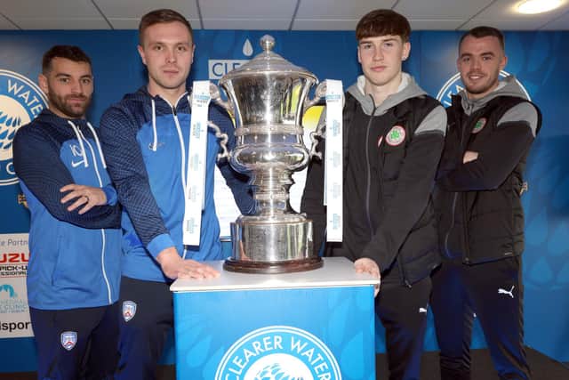 Coleraine's David McDaid and Graham Kelly pictured with Cliftonville's Chris Gallagher and Stephen Mallon at the Clearer Water Irish Cup fifth round draw today in Belfast. PIC: STEPHEN DAVISON/PACEMAKER
