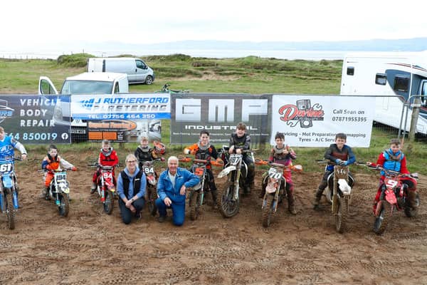 Pictured at the launch of the 2022 Beyond Signage MRA Youth Winter series at Magilligan Moto X track are (from left): Lewis McMurtry, John McCann, Liam Devlin, Able Laverty, Archie Laverty, Oliver Laverty, Max Cunningham, Ethan Gawley, Jim Bob McCann, Jamie Larkin. (Front) Joanne Mullen (Magilligan MX  assistant manager) and David McCullough