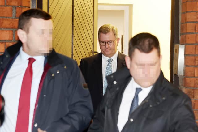 Sir Jeffrey Donaldson leaving DUP Headquarter in the Belmont area of east Belfast. The DUP’s leader, who had a security detail, was heading on to meet with the party executive to discuss the possible return to Stormont. Picture by Jonathan Porter/PressEye