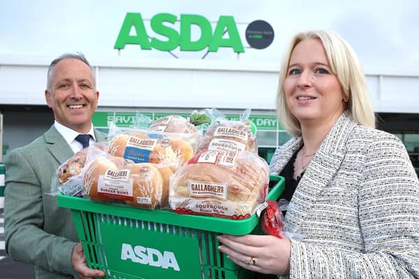 Gallaghers Bakery has worked with Asda to secure listings for six new lines which will be stocked across all the retailer’s Northern Ireland stores. Pictured are Cathy Elliot, Asda buying manager for NI local and Stephen McCann, Gallaghers Bakery, head of sales for Northern Ireland