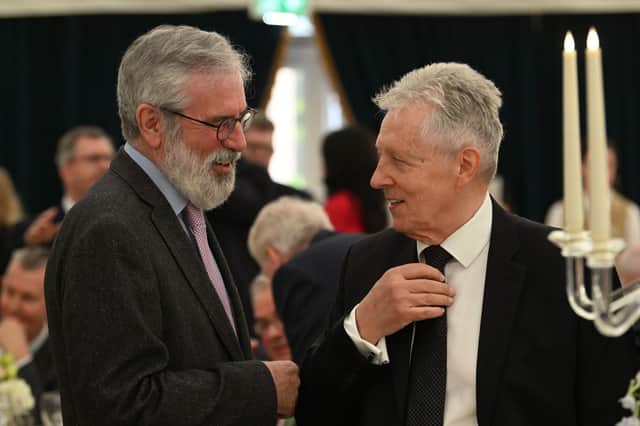 Former Sinn Fein President Gerry Adams (left) with Peter Robinson during a gala dinner at Hillsborough Castle, Co Down, at the end of the international conference marking the 25th anniversary of the Belfast/Good Friday Agreement. Picture date: Wednesday April 19, 2023. PA Photo. See PA story ULSTER Agreement. Photo credit should read: Charles McQuillan/PA Wire 
