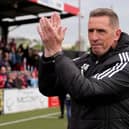 ​Stephen Baxter salutes the supporters at Seaview after a 3-2 win over Coleraine which secured the club European football in his final Irish League game as manager of Crusaders. (Photo by David Maginnis/Pacemaker Press)