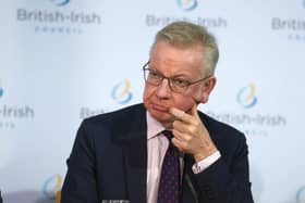 Secretary of State for Levelling Up Michael Gove at a press conference during the British-Irish Council (BIC) summit at Dublin Castle on Friday