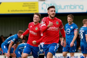 Linfield's Jack Scott after scoring for the club against Loughgall earlier in the season. (Photo by David Maginnis/Pacemaker Press)