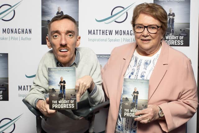Author of The Weight of Progress Matthew Monaghan and Mum Geraldine Monaghan at the launch of his book at The Lansdowne Hotel, Belfast, March 2026.