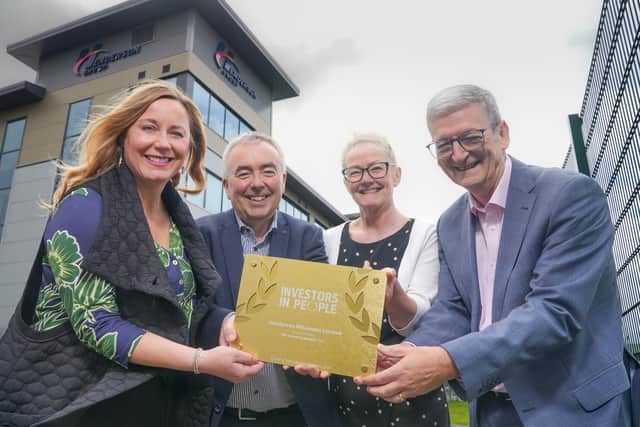 Northern Ireland food manufacturer, Henderson Group has been recognised at the British Chambers of Commerce annual Chamber Business Awards 2023 for its workplace strategies and development. Pictured are Emma Gibson, Martin Agnew, Justin McGreevey and Sam Davidson from Henderson Group are pictured with the plaque for Henderson Wholesale’s Gold Investors in People standard