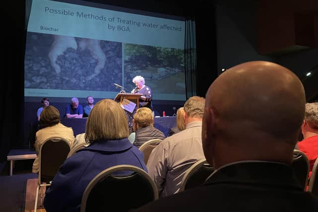 Mary O'Hagan from the Save Our Shores group speaking during a meeting at the Seamus Heaney HomePlace centre in Bellaghy, Co Londonderry to express concern about a huge bloom of toxic blue-green algae in Lough Neagh. Photo credit: Rebecca Black/PA Wire