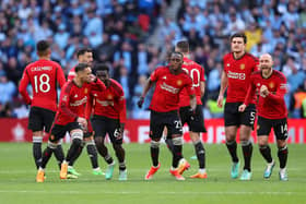 Manchester United players celebrate FA Cup semi-final victory in the penalty shootout over Coventry City. (Photo by Richard Heathcote/Getty Images)