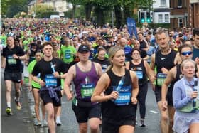 The Belfast marathon passes along the Newtownards Road at Cabin Hill, just past the Stormont starting point, at 9.11am on Sunday May 5 2024. This image is taken from a 20 minute video, which is how long it took for the vast number of runners to pass, filling the four lanes of the closed route