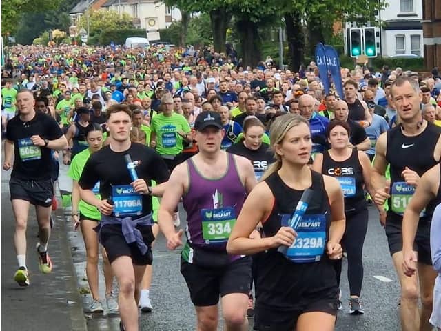 The Belfast marathon passes along the Newtownards Road at Cabin Hill, just past the Stormont starting point, at 9.11am on Sunday May 5 2024. This image is taken from a 20 minute video, which is how long it took for the vast number of runners to pass, filling the four lanes of the closed route. By Ben Lowry, News Letter editor