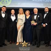 County Armagh's Killeavy Castle named Hotel of the Year Northern Ireland at AA Hospitality Awards 2023. Pictured at the event is host, Claudia Winkleman, general manager of Killeavy Castle Estate, Matthew Hynds, head chef at Killeavy Castle Estate, Dario Percic, events manager at Killeavy Castle Estate, Seidy Hynds, owners of Killeavy Castle Estate, Mick and Robin Boyle, executive head chef at Killeavy Castle Estate, Darragh Dooley and Simon Numphud, managing director at AA Media
