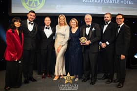 County Armagh's Killeavy Castle named Hotel of the Year Northern Ireland at AA Hospitality Awards 2023. Pictured at the event is host, Claudia Winkleman, general manager of Killeavy Castle Estate, Matthew Hynds, head chef at Killeavy Castle Estate, Dario Percic, events manager at Killeavy Castle Estate, Seidy Hynds, owners of Killeavy Castle Estate, Mick and Robin Boyle, executive head chef at Killeavy Castle Estate, Darragh Dooley and Simon Numphud, managing director at AA Media