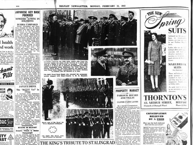 Pictured published by the News Letter on Monday, February 1943, concerning the Red Army parade which had been held in the city. The News Letter noted: “After the march past the ceremony ended with the playing of the Russian National Anthem, for the first time at an official ceremony in Ulster and God Save the King.” Picture: News Letter archives