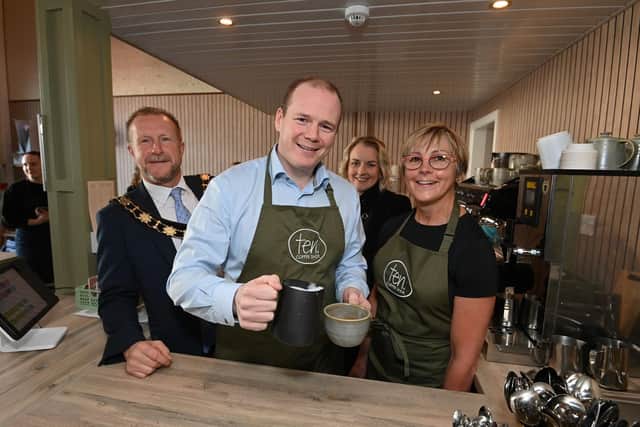 Pictured at the official opening of Ten Coffee shop is Mayor of Antrim and Newtownabbey alderman Stephen Ross with Economy Minister Gordon Lyons, co-owner Sarah Reed and Pam Cameron MLA