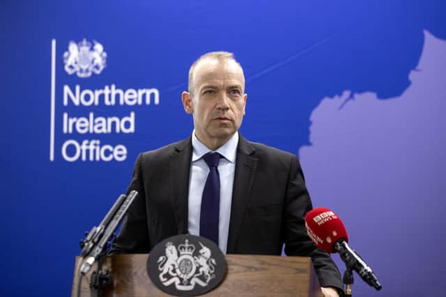 Chris Heaton-Harris, Secretary of State for Northern Ireland, during a press conference at NIO offices at Erskine House in Belfas
