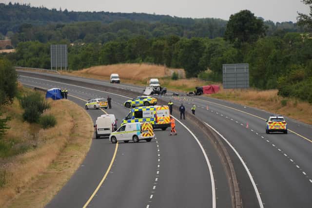 The scene on the M9 northbound at Junction 3 in Co Kildare where number of people have died and others have been seriously injured after a head-on collision between two cars. A Gardai spokesperson said the incident on Sunday morning at 3am occurred when one of the cars was travelling in the wrong direction.