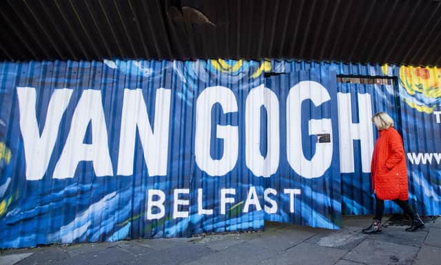 A sign for Van Gogh: The Immersive Experience exhibition at Carlisle Memorial Church in Belfast.