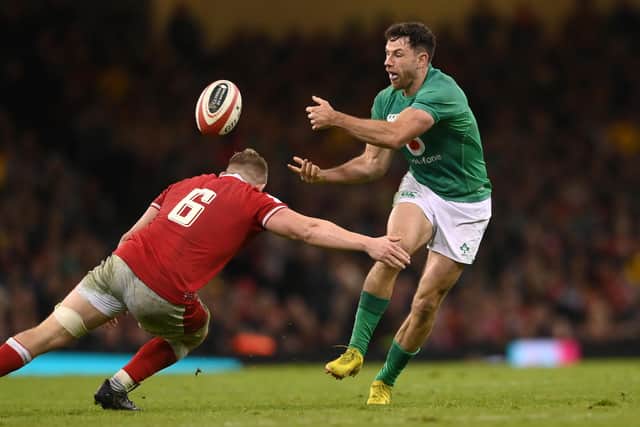 Ireland's Hugo Keenan of Ireland in action during the Six Nations match against Wales at Principality Stadium in Cardiff on Saturday. (Photo by Stu Forster/Getty Images)