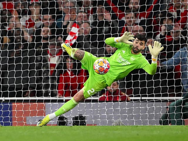 Arsenal's David Raya makes the match-winning save in the Champions League penalty shoot-out win over Porto at Emirates Stadium. (Photo by Shaun Botterill/Getty Images)