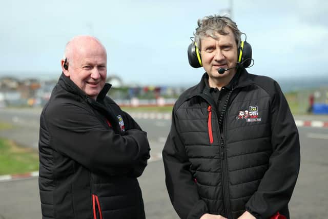 Mervyn Whyte and Clerk of the Course, Stanleigh Murray, opening practice session at the fonaCAB and Nicholl Oils North West 200 last year.
PICTURE BY STEPHEN DAVISON